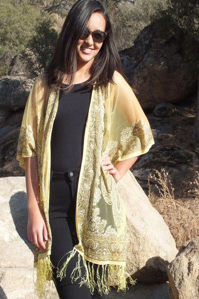 Yellow Sheer Paisley Bandana Medallion Burnout Fabric Duster Kimono Top