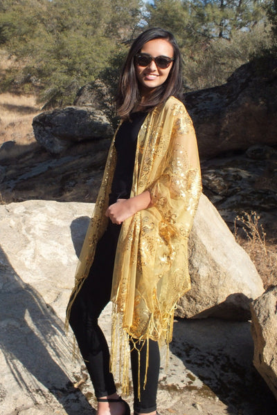 Gold Sequin Flower Floral Kimono Top One Size