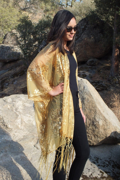 Gold Sequin Flower Floral Kimono Top One Size