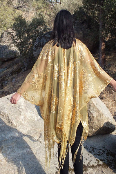 Gold Sequin Flower Floral Kimono Top One Size