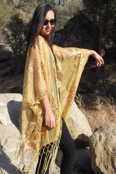 Gold Sequin Flower Floral Kimono Top One Size