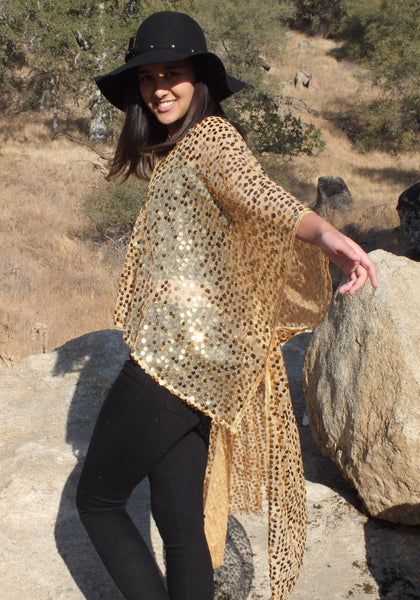Gold Round Sequin Kimono Cropped Party Top