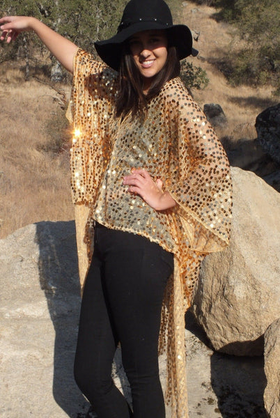 Gold Round Sequin Kimono Cropped Party Top