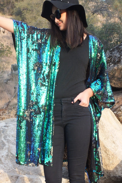 Peacock Sequin Reversible Duster Kimono