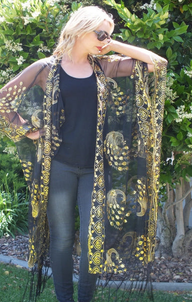 Long sequin kimono, Gold sequin Kimono