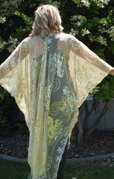 Gold Sequin Floral Embroidered Long Kimono Duster
