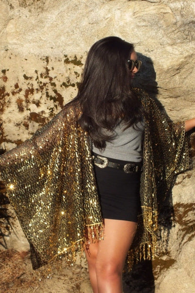 Black Gold Sequin Festival Party Kimono Duster Top