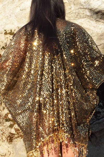 Black Gold Sequin Festival Party Kimono Duster Top