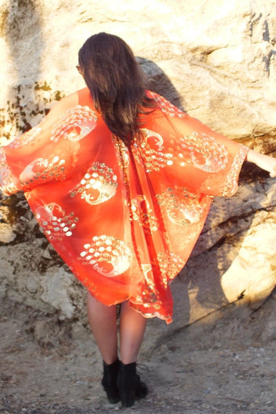Red Gold Sequin Peacock Duster Caftan Kimono Top