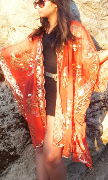 Red Gold Sequin Peacock Duster Caftan Kimono Top