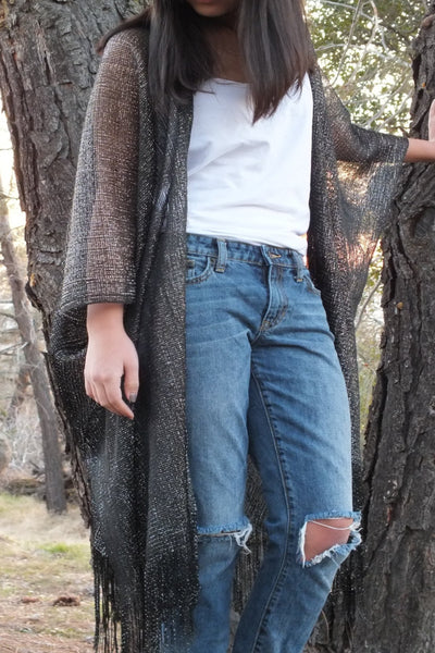 Festival Black Silver Metallic Mesh Duster Kimono Glitter Top