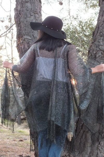 Festival Black Silver Metallic Mesh Duster Kimono Glitter Top