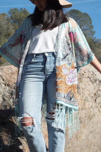 Blue Flower Peacock Print Burnout Duster Kimono Top