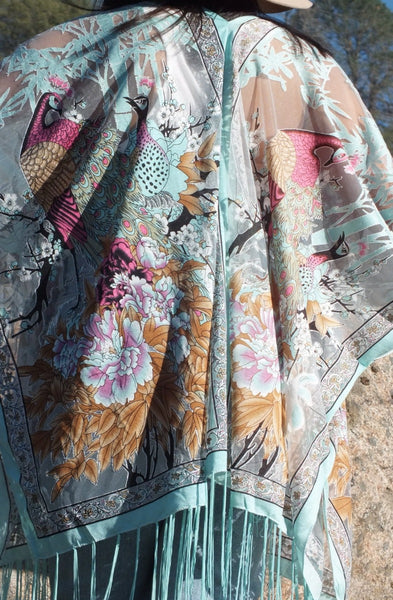 Blue Flower Peacock Print Burnout Duster Kimono Top