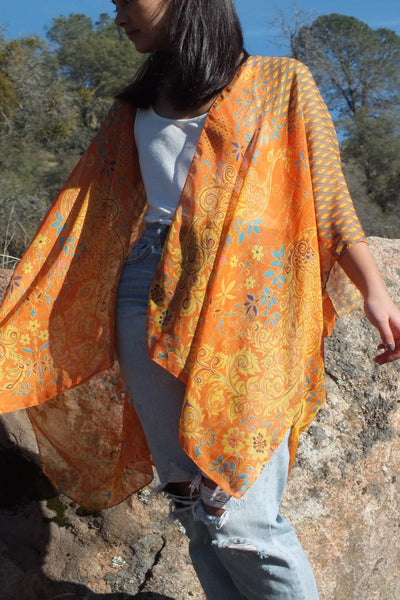 Blue/Gold Peacock Floral Print Tunic Kimono Top