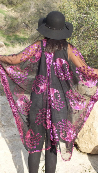Black Purple Magenta Sequin Peacock Duster Caftan Kimono Party Top
