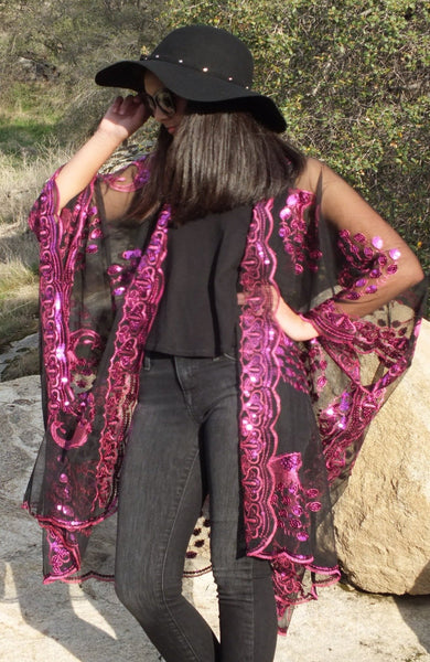 Black Purple Magenta Sequin Peacock Duster Caftan Kimono Party Top