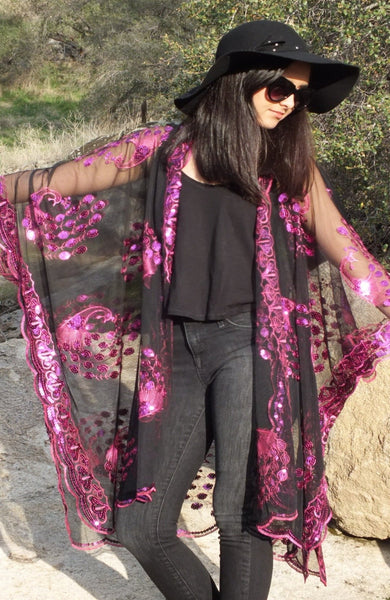 Black Purple Magenta Sequin Peacock Duster Caftan Kimono Party Top