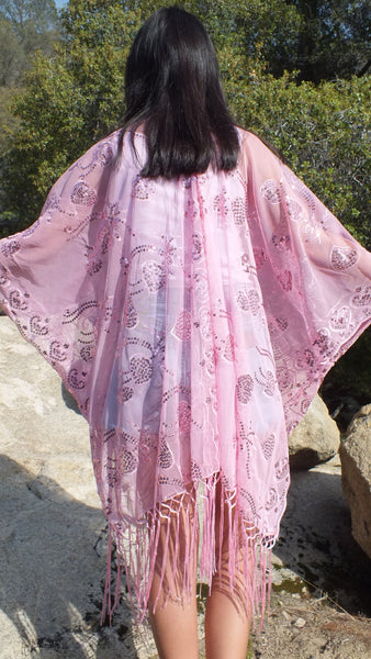Pink Sequin Embroidered Vine Leaf Caftan Kimono Top One Size