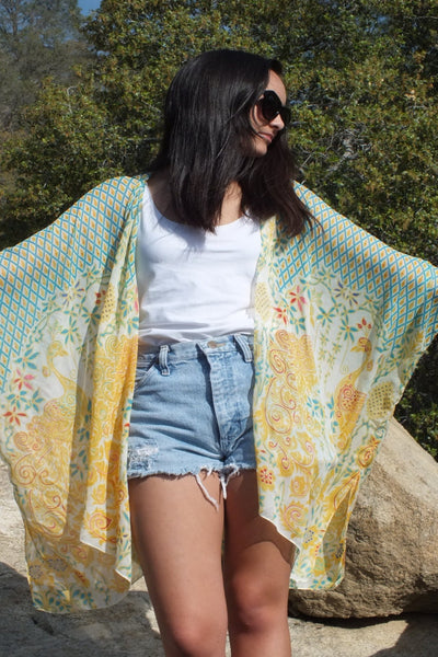 Blue/Gold Peacock Floral Print Tunic Kimono Top