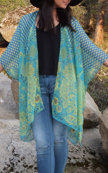 Blue/Gold Peacock Floral Print Tunic Kimono Top