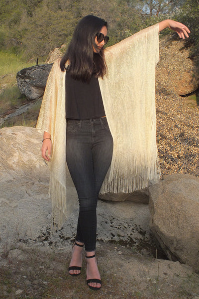 Festival Light Gold Metallic Mesh Duster Kimono Glitter Top