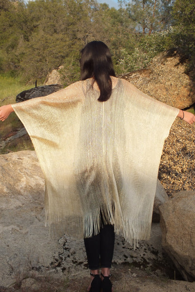 Festival Light Gold Metallic Mesh Duster Kimono Glitter Top