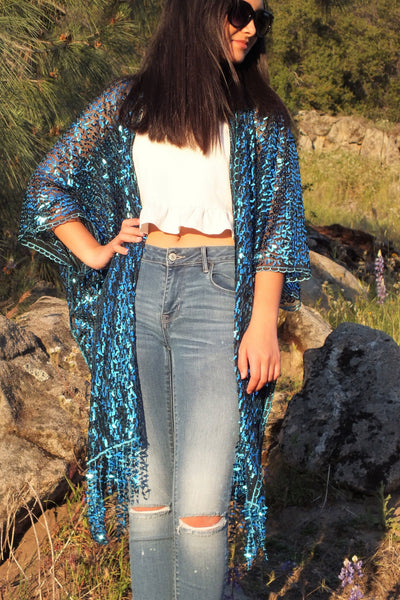Blue Sequin Kimono Duster Party Top