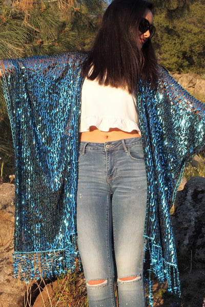 Blue Sequin Kimono Duster Party Top