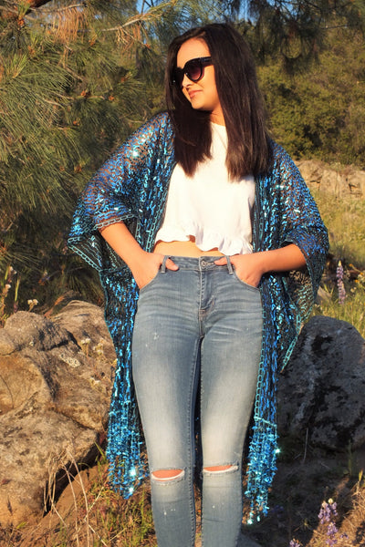 Blue Sequin Kimono Duster Party Top