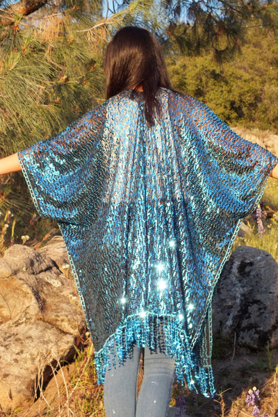 Blue Sequin Kimono Duster Party Top