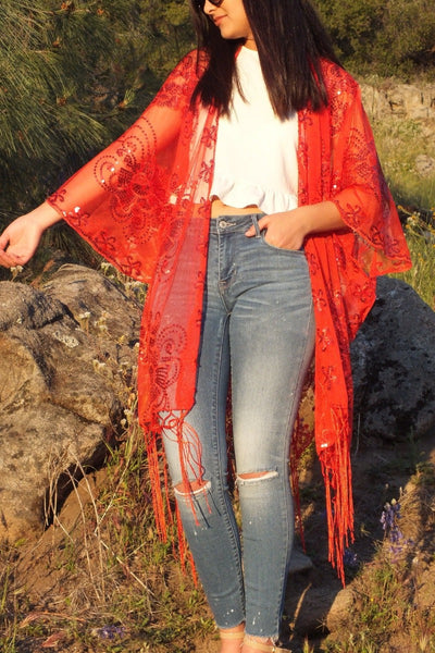 Red Sequin Flower Embroidered Kimono Top Ruana One size
