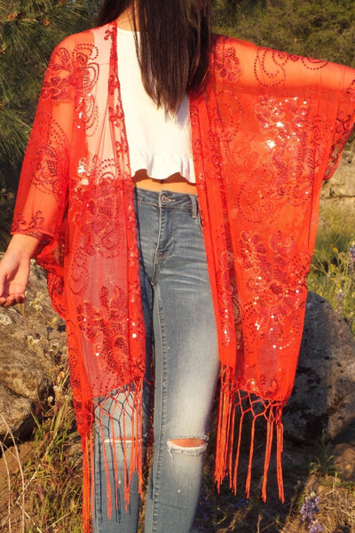 Red Sequin Flower Embroidered Kimono Top Ruana One size