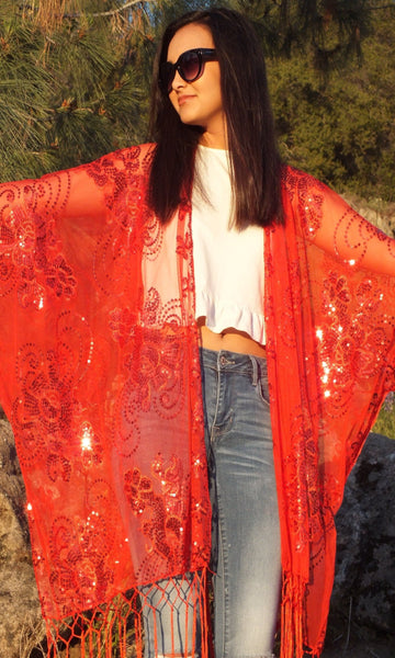 Red Sequin Flower Embroidered Kimono Top Ruana One size