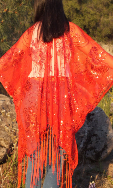Red Sequin Flower Embroidered Kimono Top Ruana One size