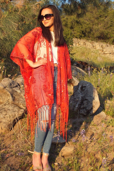 Red Sequin Flower Embroidered Kimono Top Ruana One size