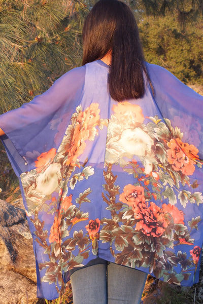 Blue Floral Print Tunic Sheer Kimono Top
