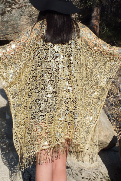 Gold Sequin Embroidered Paisley Kimono Duster Top