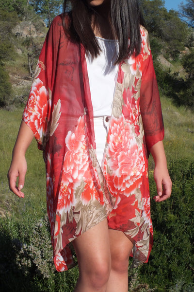 Burgundy Floral Print Sheer Tunic Ruana Kimono Top One size