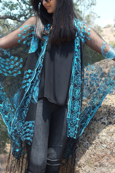 Moddy vintage-Blue sequin kimono duster