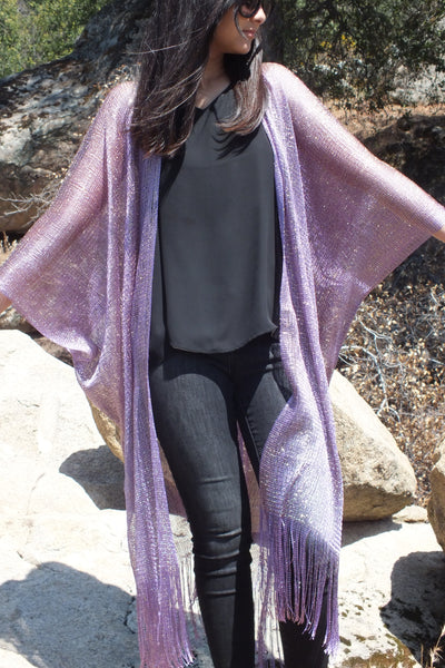 Festival Purple Lavender Metallic Mesh Duster Kimono Glitter Top One size