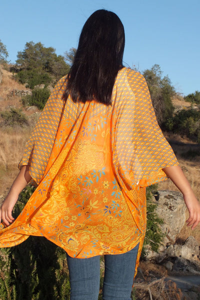 Sheer Orange/Gold Peacock Floral Print Tunic Kimono Ruana Top One size