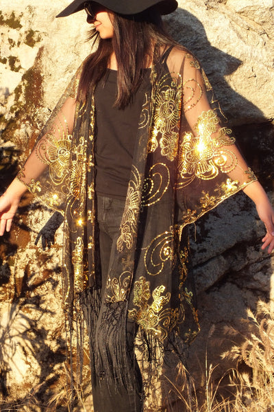 Blue Sequin Floral Embroidered Kimono Duster Party Top