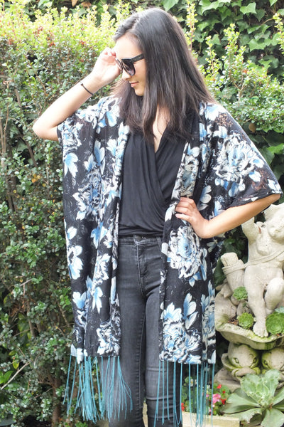 Blue Floral Print Burnout Kimono Top