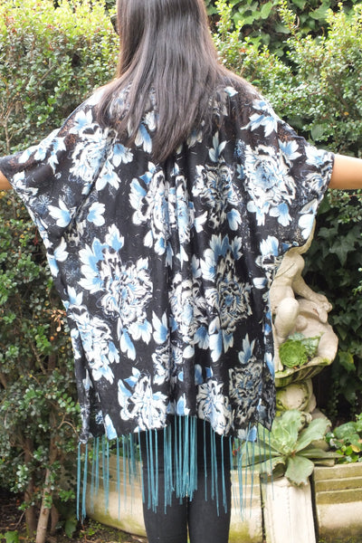 Blue Floral Print Burnout Kimono Top