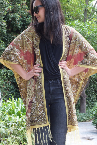 Burgundy Sheer Paisley Bandana Medallion Burnout Fabric Duster Kimono Top