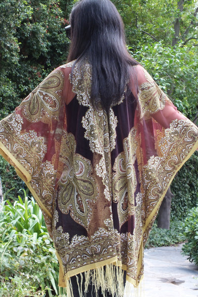 Burgundy Sheer Paisley Bandana Medallion Burnout Fabric Duster Kimono Top