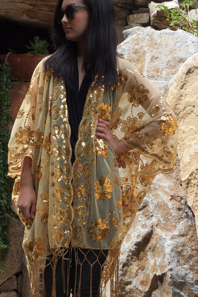 Gold Floral Sequin Floral Embroidered Kimono Top One Size