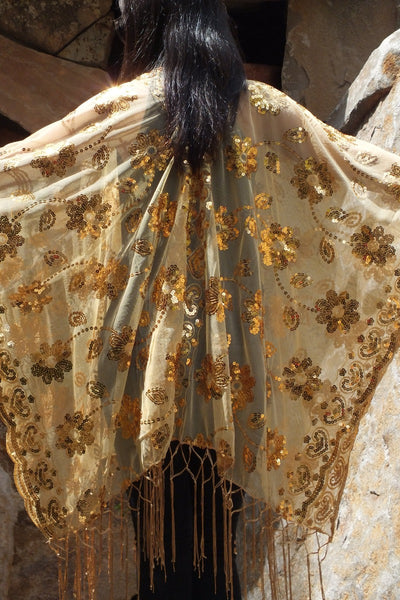 Gold Floral Sequin Floral Embroidered Kimono Top One Size