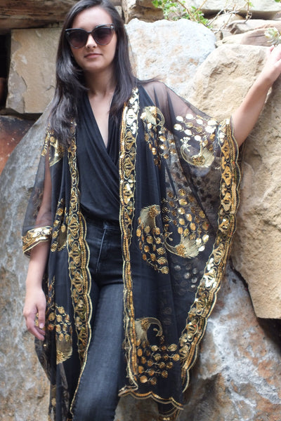 Black Gold Sequin Peacock Duster Caftan Kimono Party Top